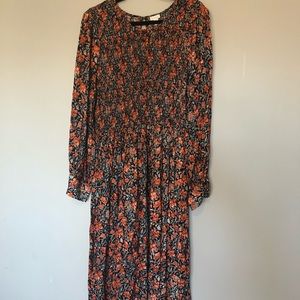 Smocked Neck Black Floral Midi Dress